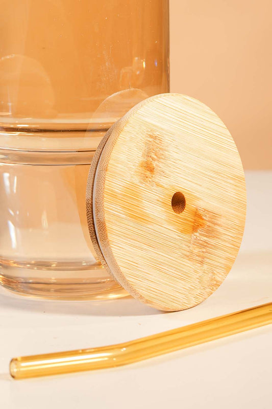 Stam Amber Glass Tumbler with Wooden Lid & Glass Straw (750ml)