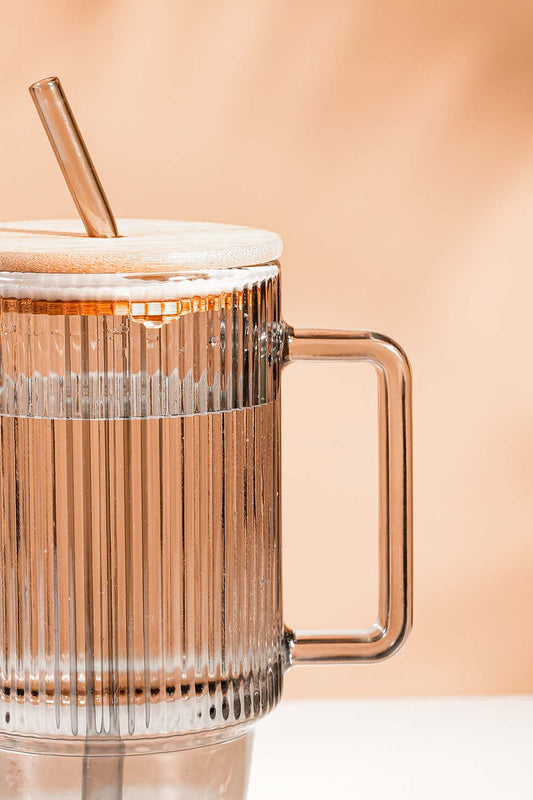 Stan Smoke Glass Tumbler with Wooden Lid & Glass Straw (750ml)