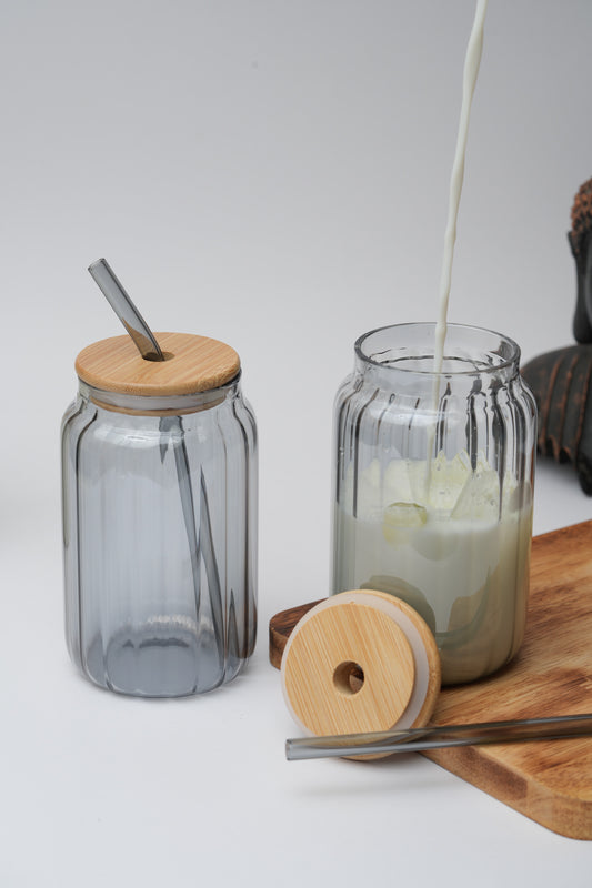 Aldo Glass Tumbler with Wooden Lid & Glass Straw Set of 2 (540ml)