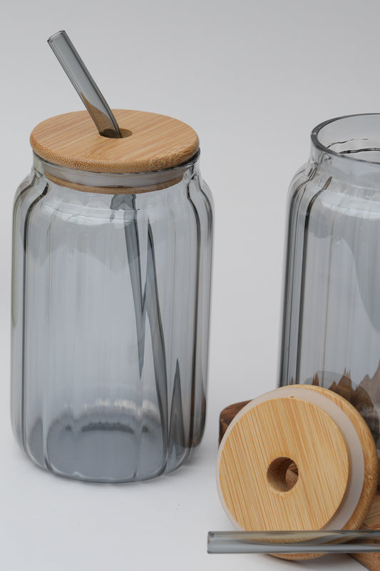 Aldo Glass Tumbler with Wooden Lid & Glass Straw Set of 2 (540ml)