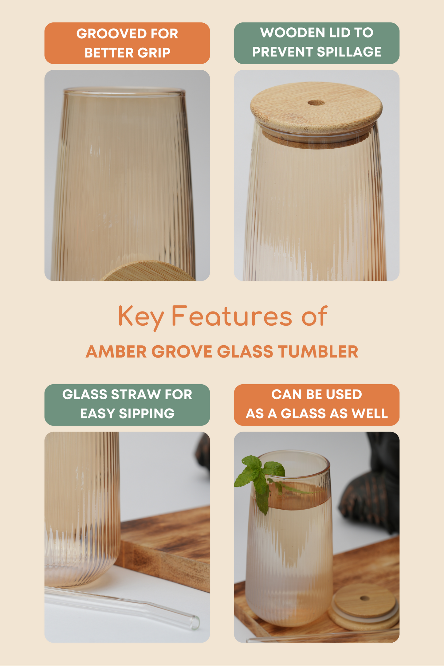Grey Grove Glass Tumbler with Wooden Lid & Glass Straw Set of 2 (540ml)