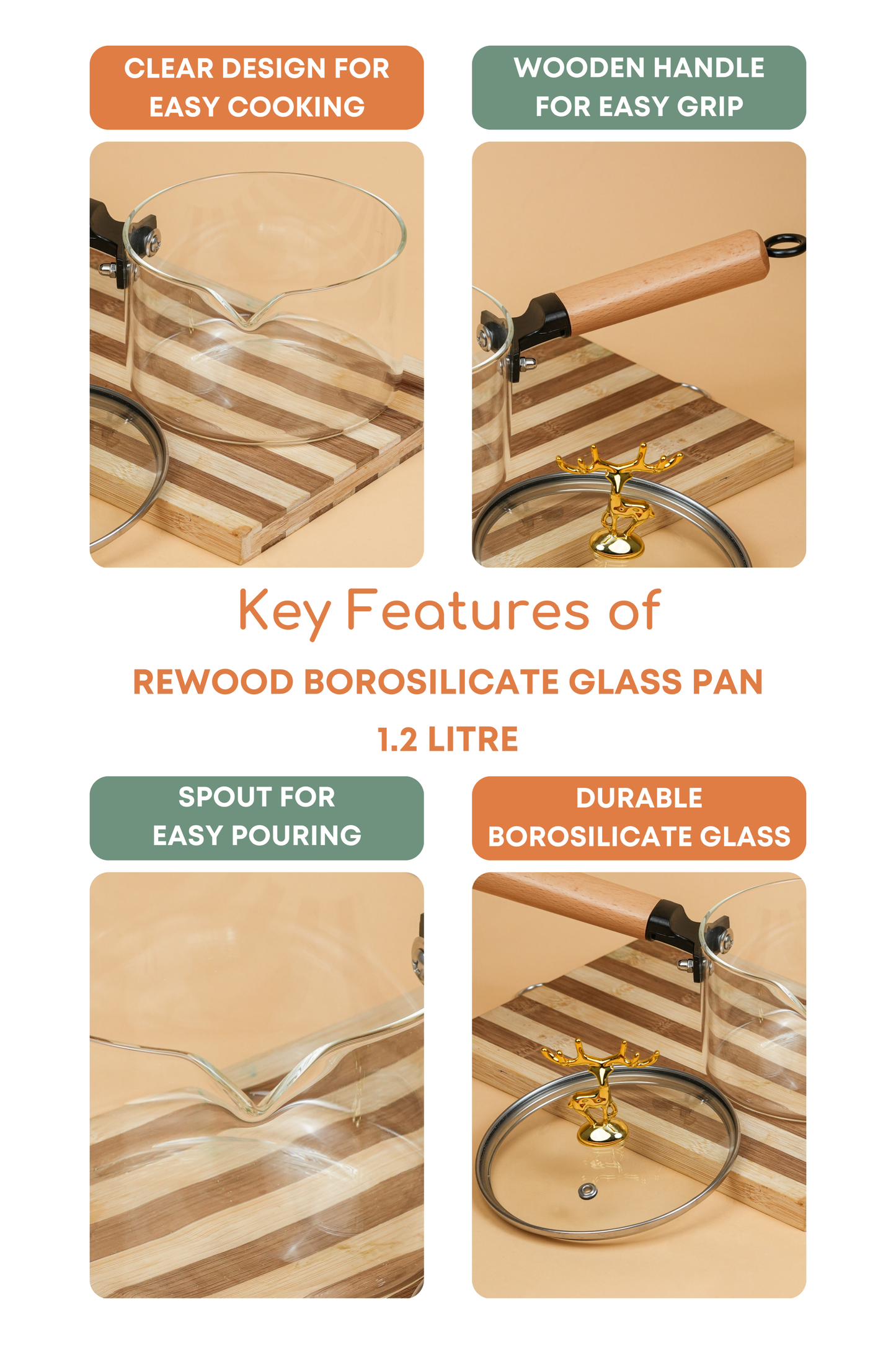 Rewood Borosilicate Glass Pan 1.2 Litre