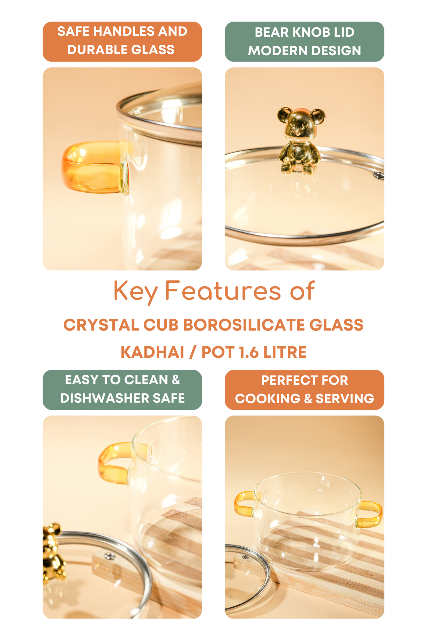 Crystal Cub Borosilicate Glass Kadhai / Pot 1.6 Litre