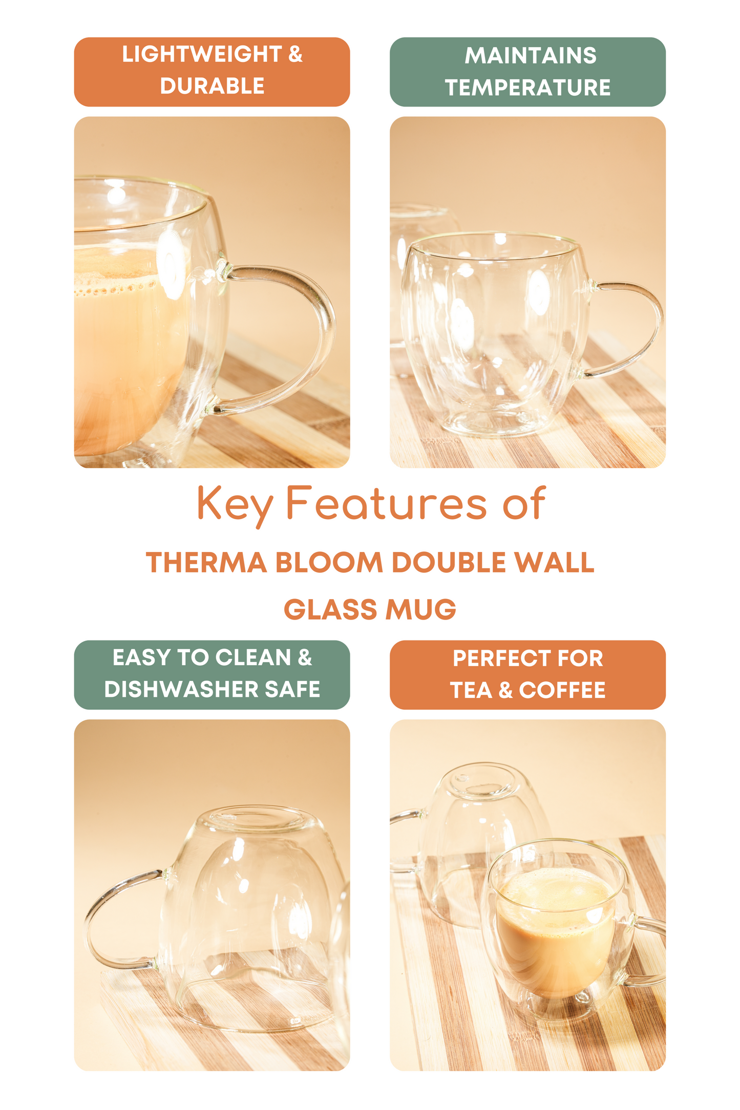 Therma Bloom Double Wall Glass Mug Set of 2 (250ml)