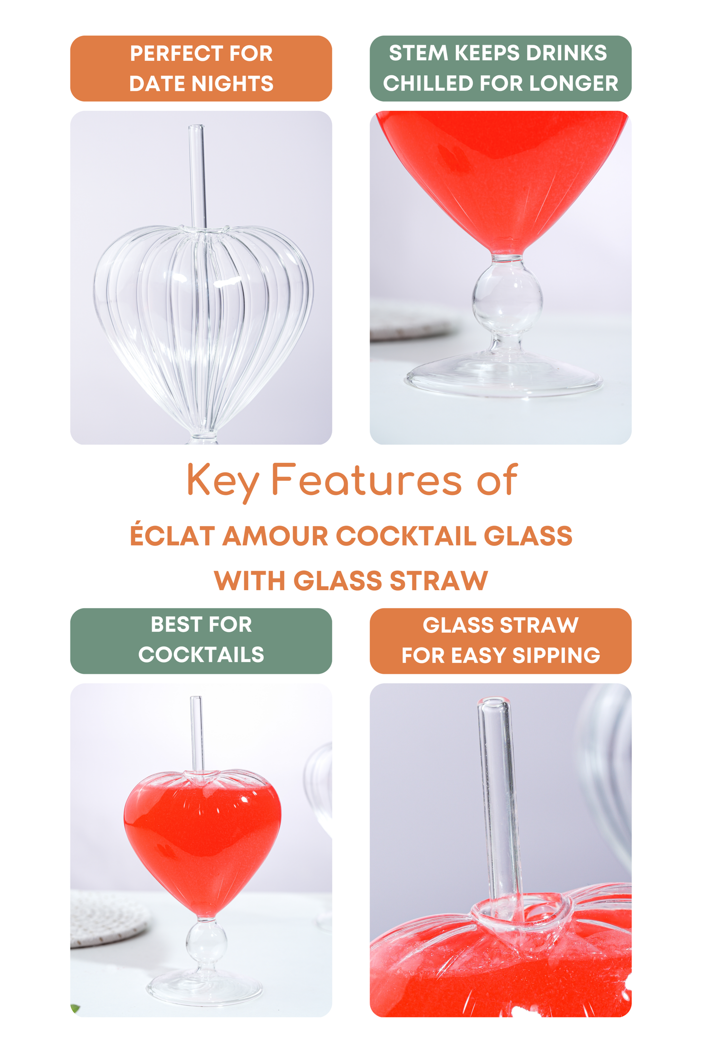 Éclat Amour Cocktail Glass with Glass Straw Set of 2 (250ml)