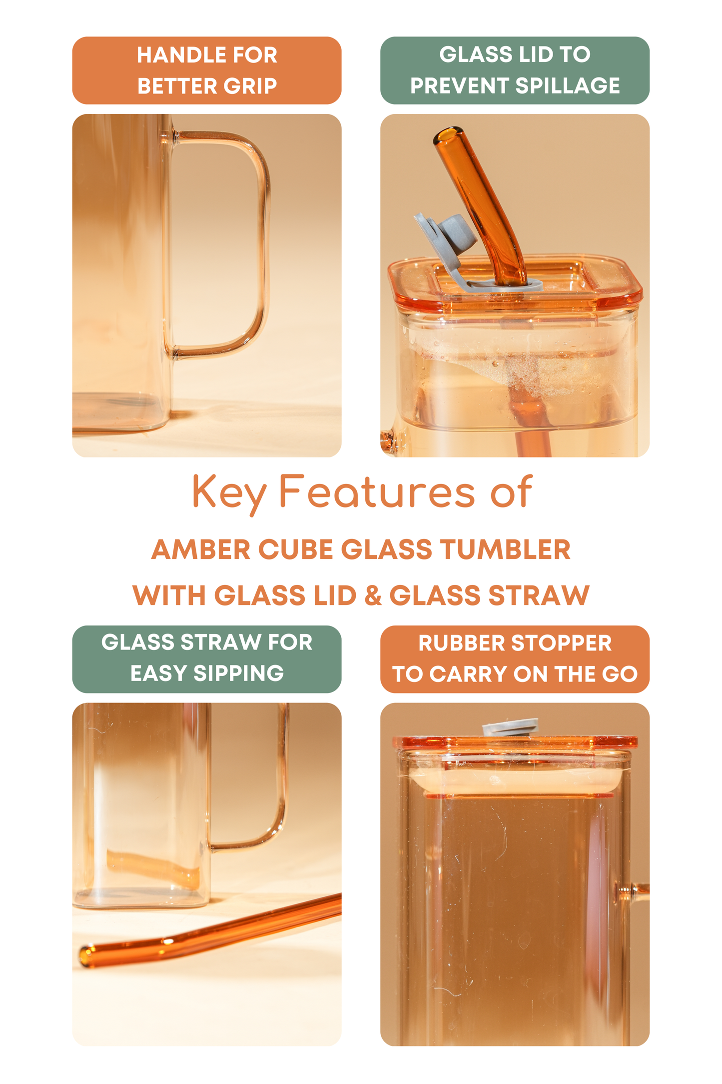 Amber Cube Glass Tumbler with Glass Lid & Glass Straw Set of 2 (380ml)