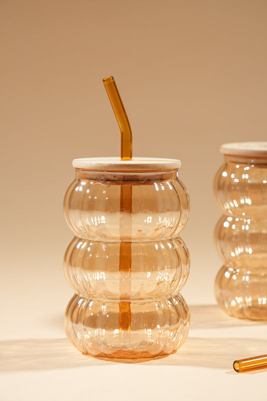 Amber Hive 2.0 Glass Tumbler with Wooden Lid & Glass Straw Set of 2 (600ml)