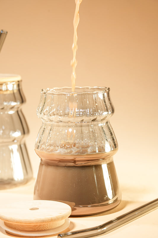 Smoke Ripple Glass Tumbler with Wooden Lid & Glass Straw Set of 2 (480ml)