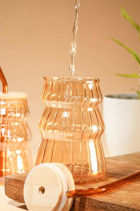 Amber Ripple Glass Tumbler with Wooden Lid & Glass Straw Set of 2 (480ml)