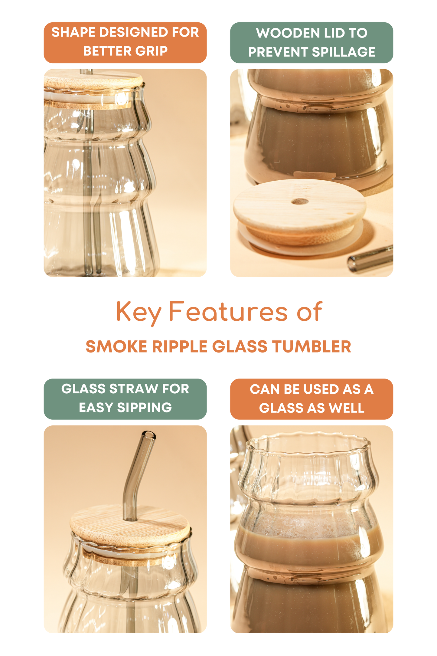Smoke Ripple Glass Tumbler with Wooden Lid & Glass Straw Set of 2 (480ml)