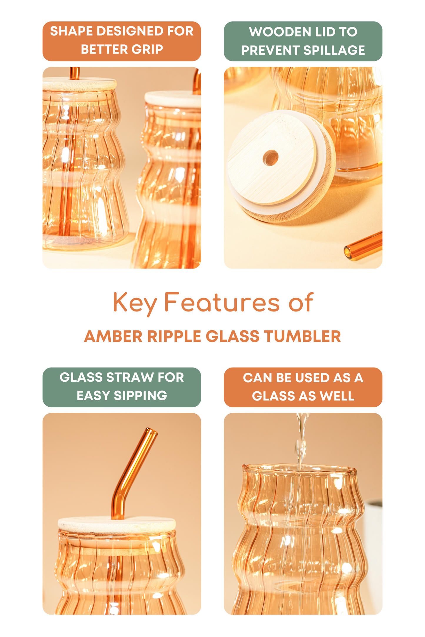 Amber Ripple Glass Tumbler with Wooden Lid & Glass Straw Set of 2 (480ml)