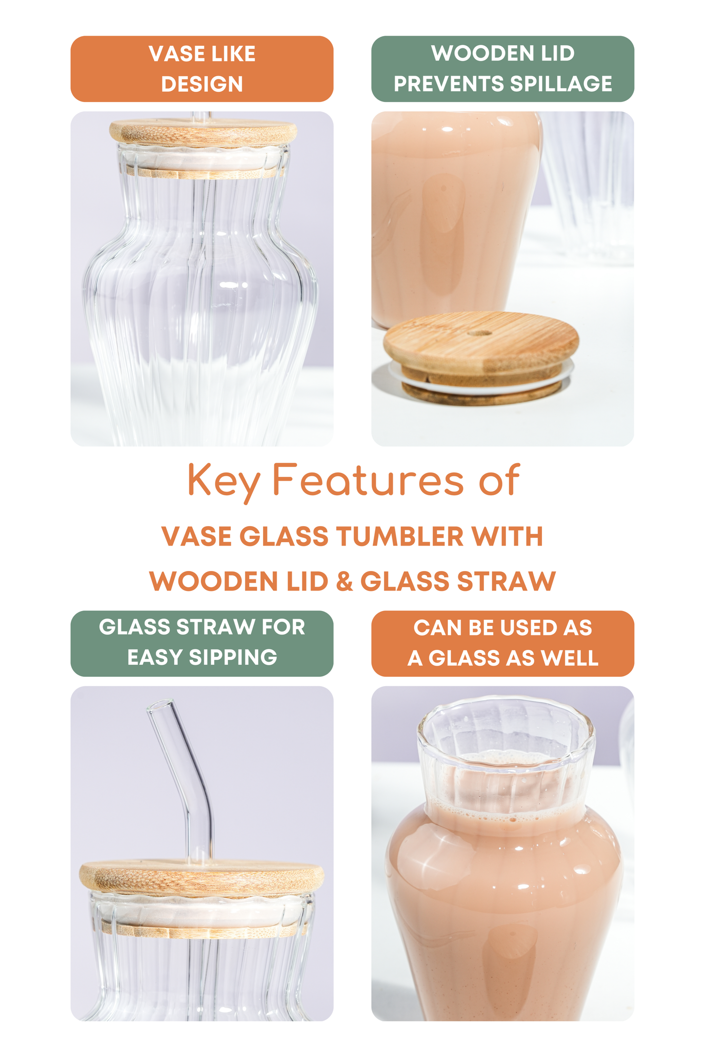 Vase Glass Tumbler with Wooden Lid & Glass Straw Set of 2 (450ml)