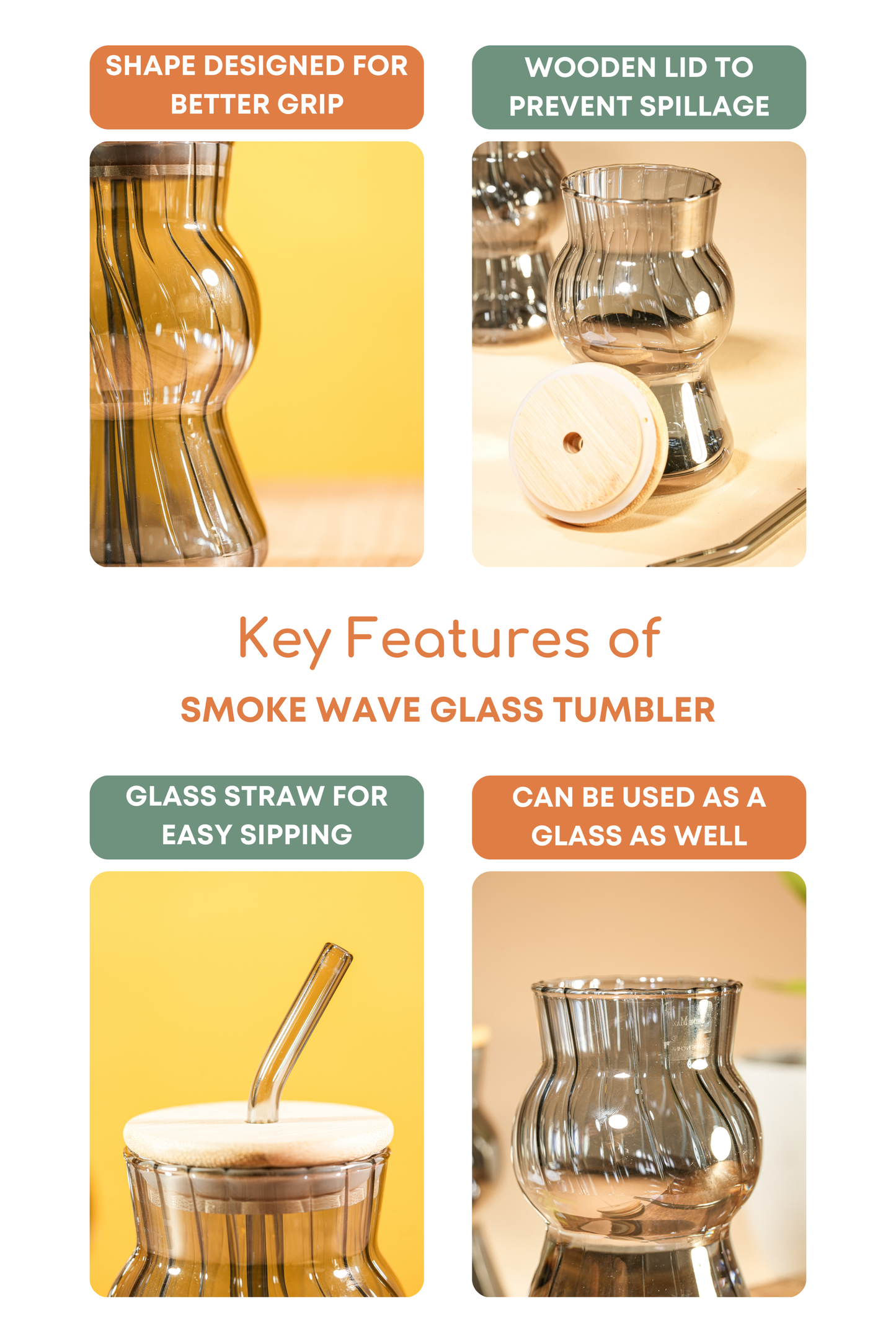 Smoke Wave Glass Tumbler with Wooden Lid & Glass Straw Set of 2 (480ml)