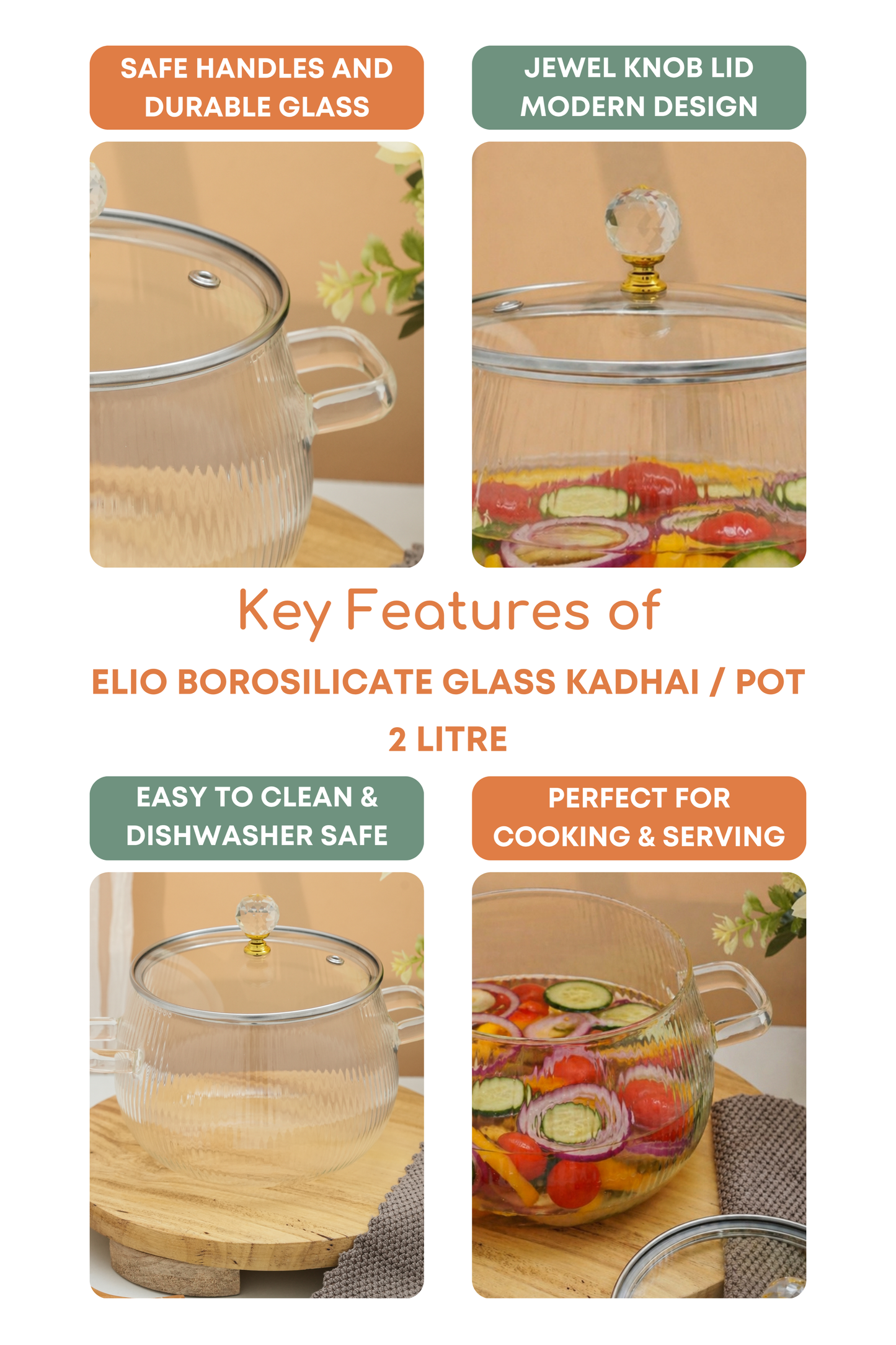 Elio Borosilicate Glass Kadhai / Pot (2 Litre)