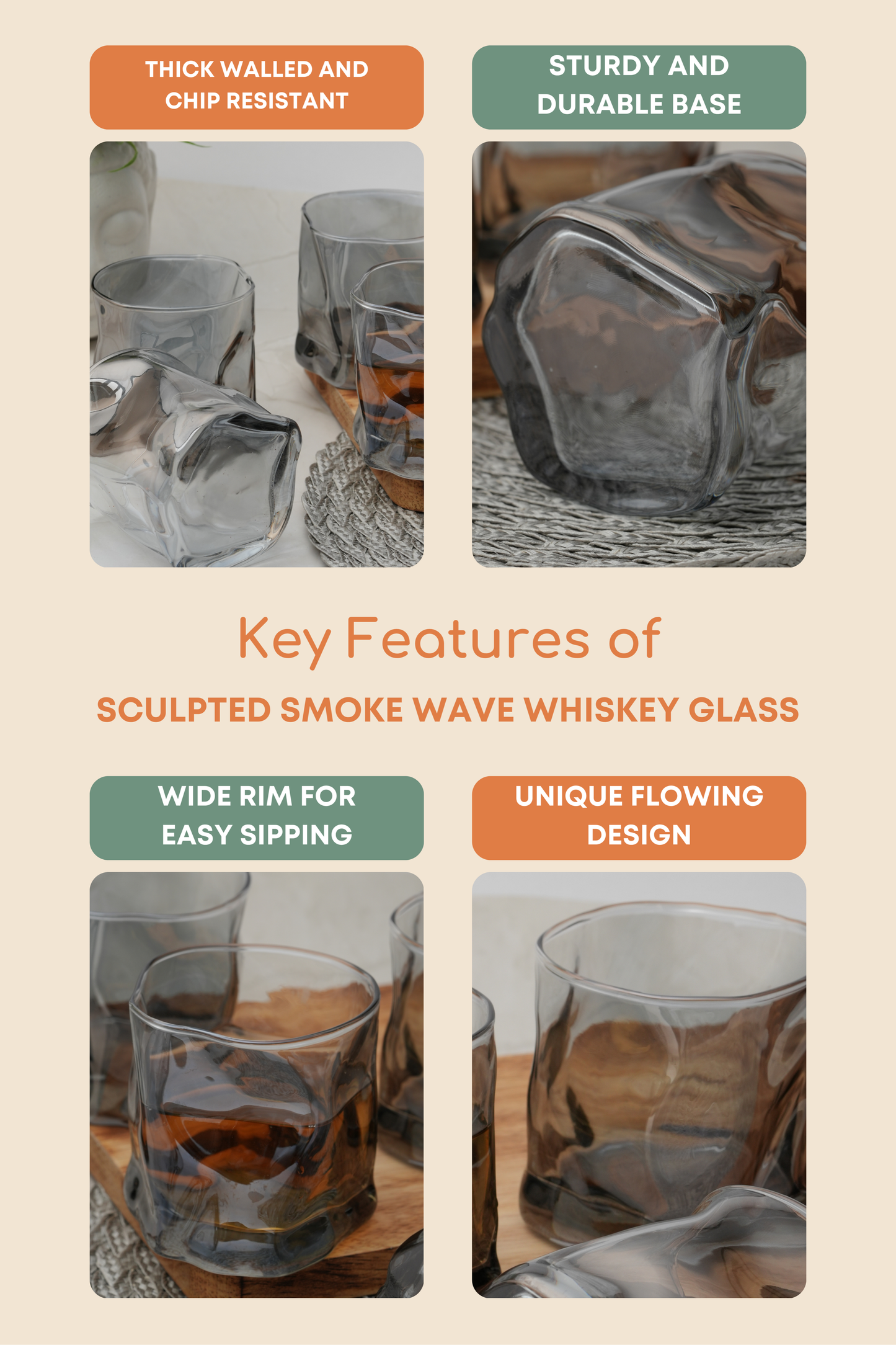 Sculpted Smoke Wave Whiskey Glass Set of 6 (300ml)