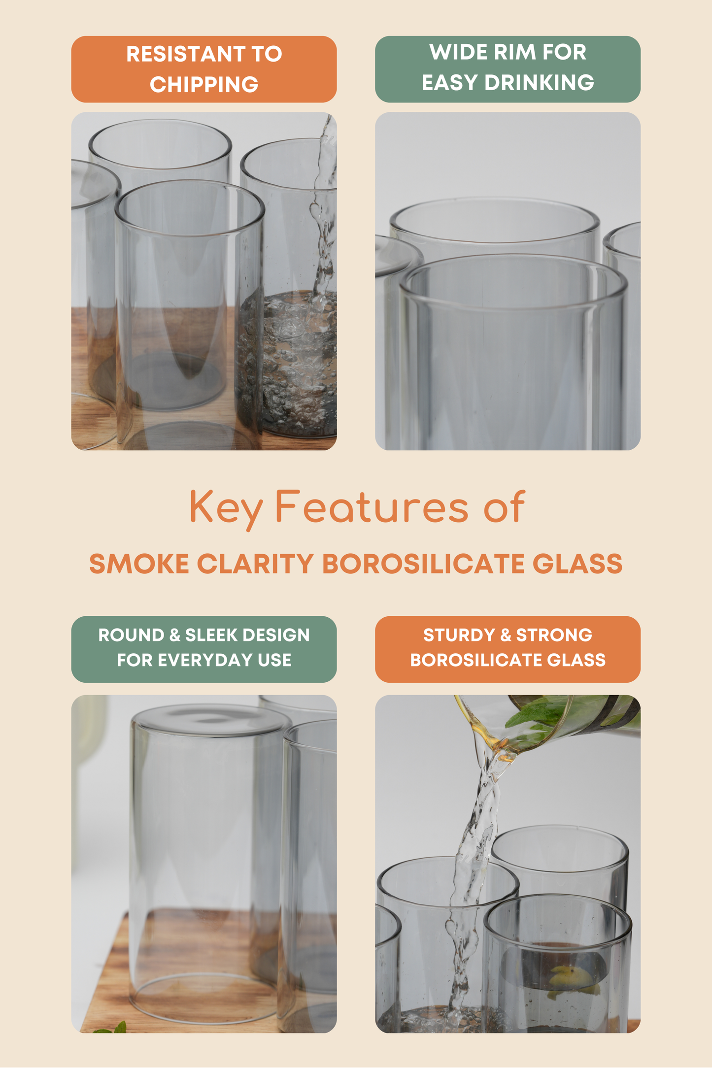 Smoke Clarity Borosilicate Glass Set of 6 (320ml)