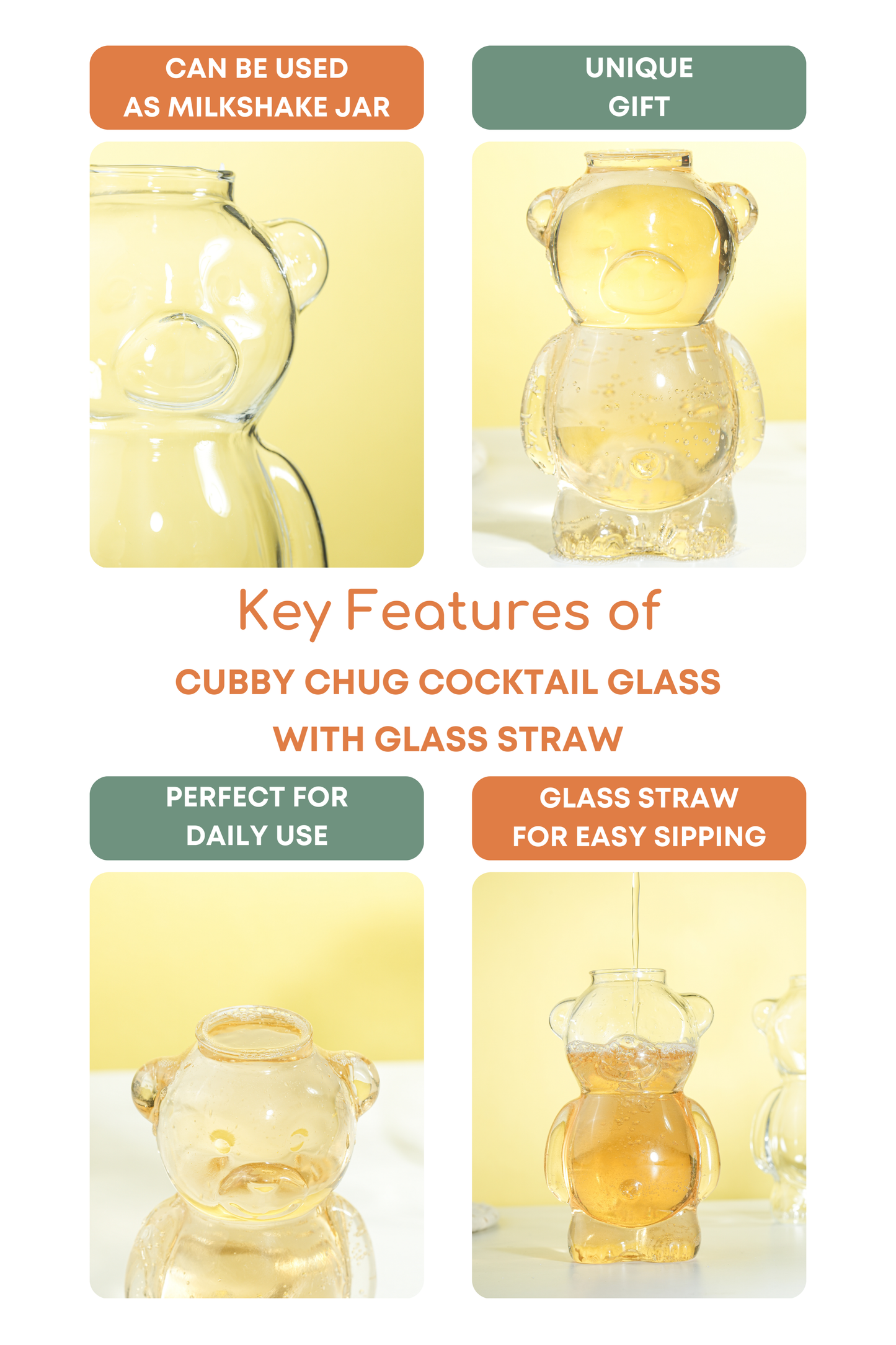 Cubby Chug Cocktail Glass with Glass Straw Set of 2 (320ml)