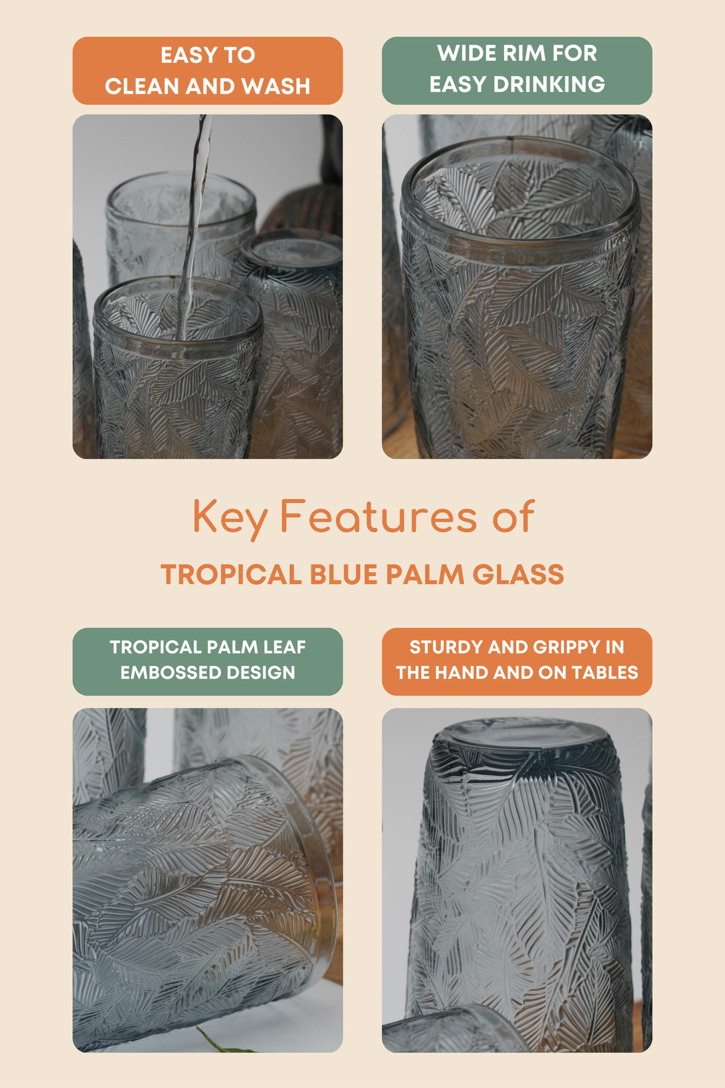 Tropical Blue Palm Glass Set of 6 (380ml)