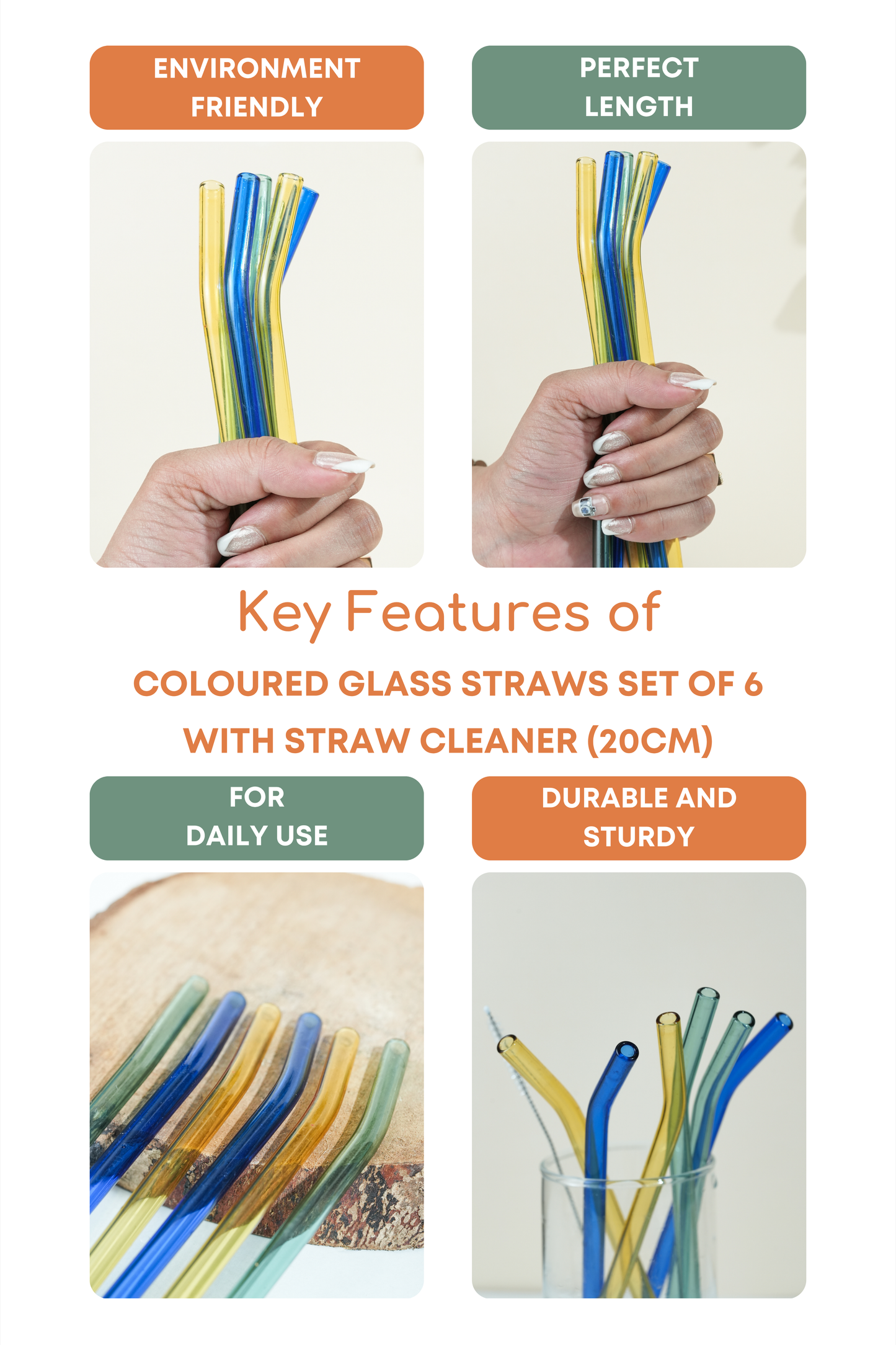 Coloured Glass Straws Set of 6 with Straw Cleaner (20cm)