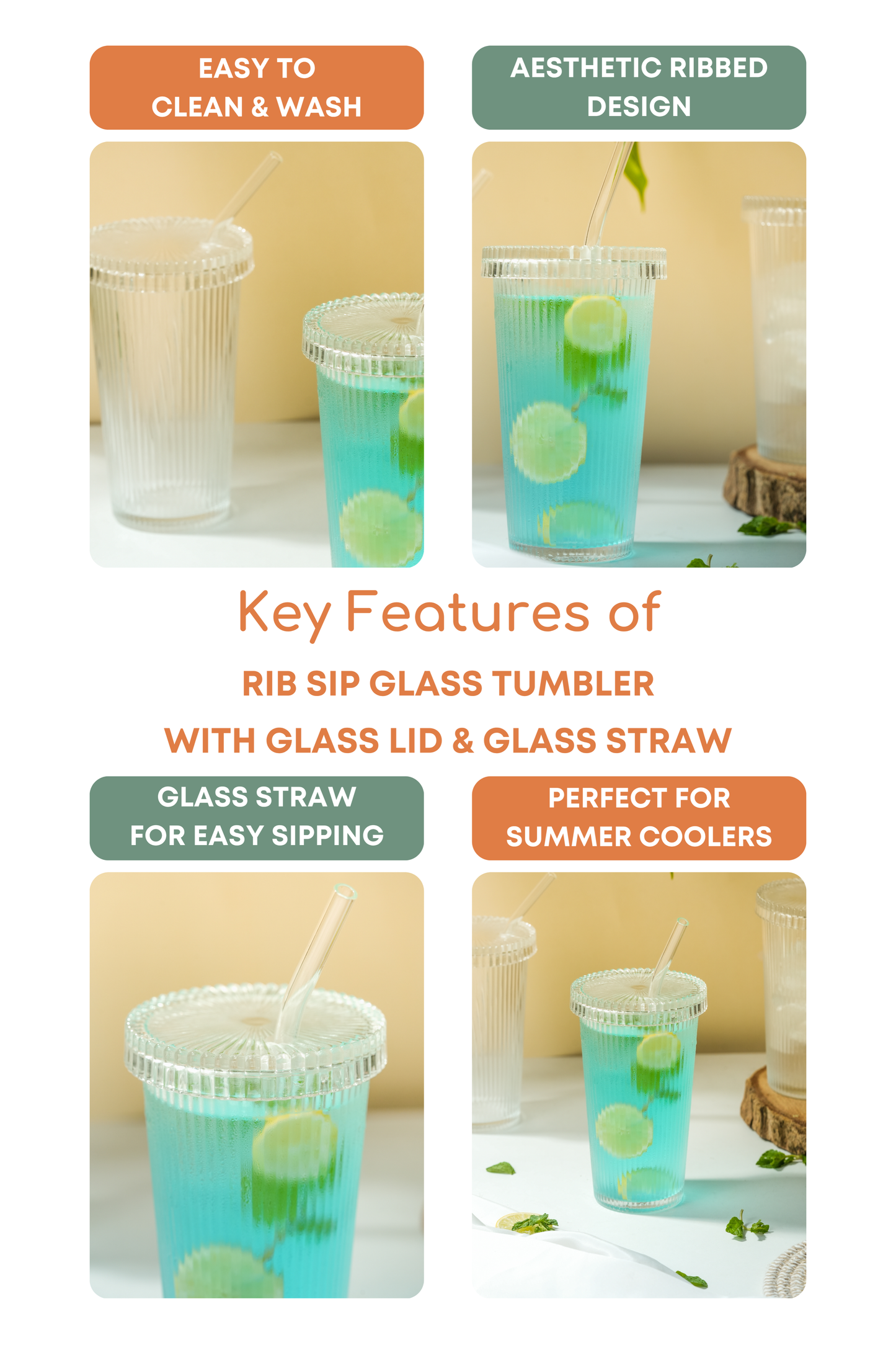Rib Sip Glass Tumbler with Glass Lid & Glass Straw Set of 3 (380ml)