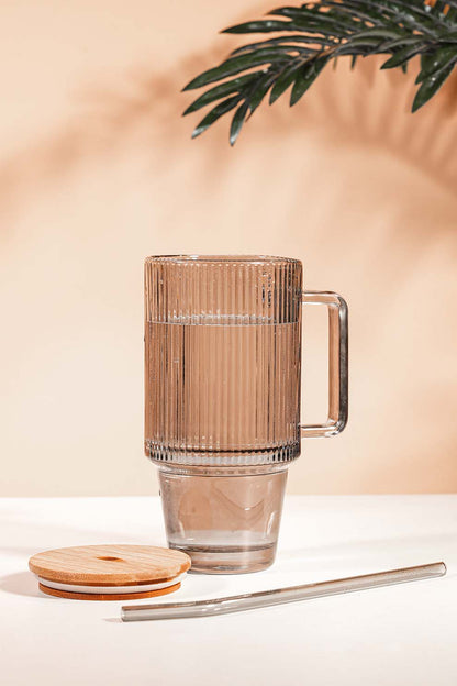 Stan Smoke Glass Tumbler with Wooden Lid & Glass Straw (750ml)