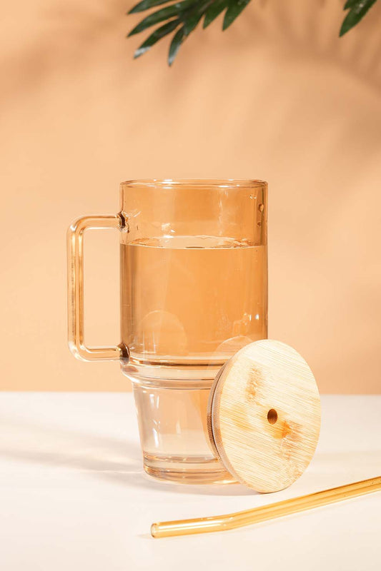 Stam Amber Glass Tumbler with Wooden Lid & Glass Straw (750ml)