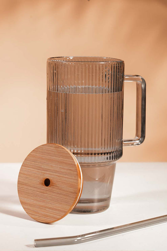 Stan Smoke Glass Tumbler with Wooden Lid & Glass Straw (750ml)