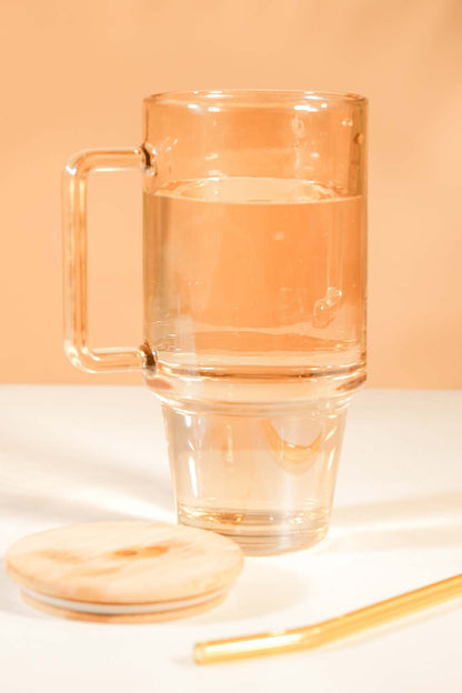Stam Amber Glass Tumbler with Wooden Lid & Glass Straw (750ml)