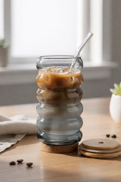 Grey Hive Glass Tumbler with Wooden Lid & Glass Straw Set of 2 (540ml)