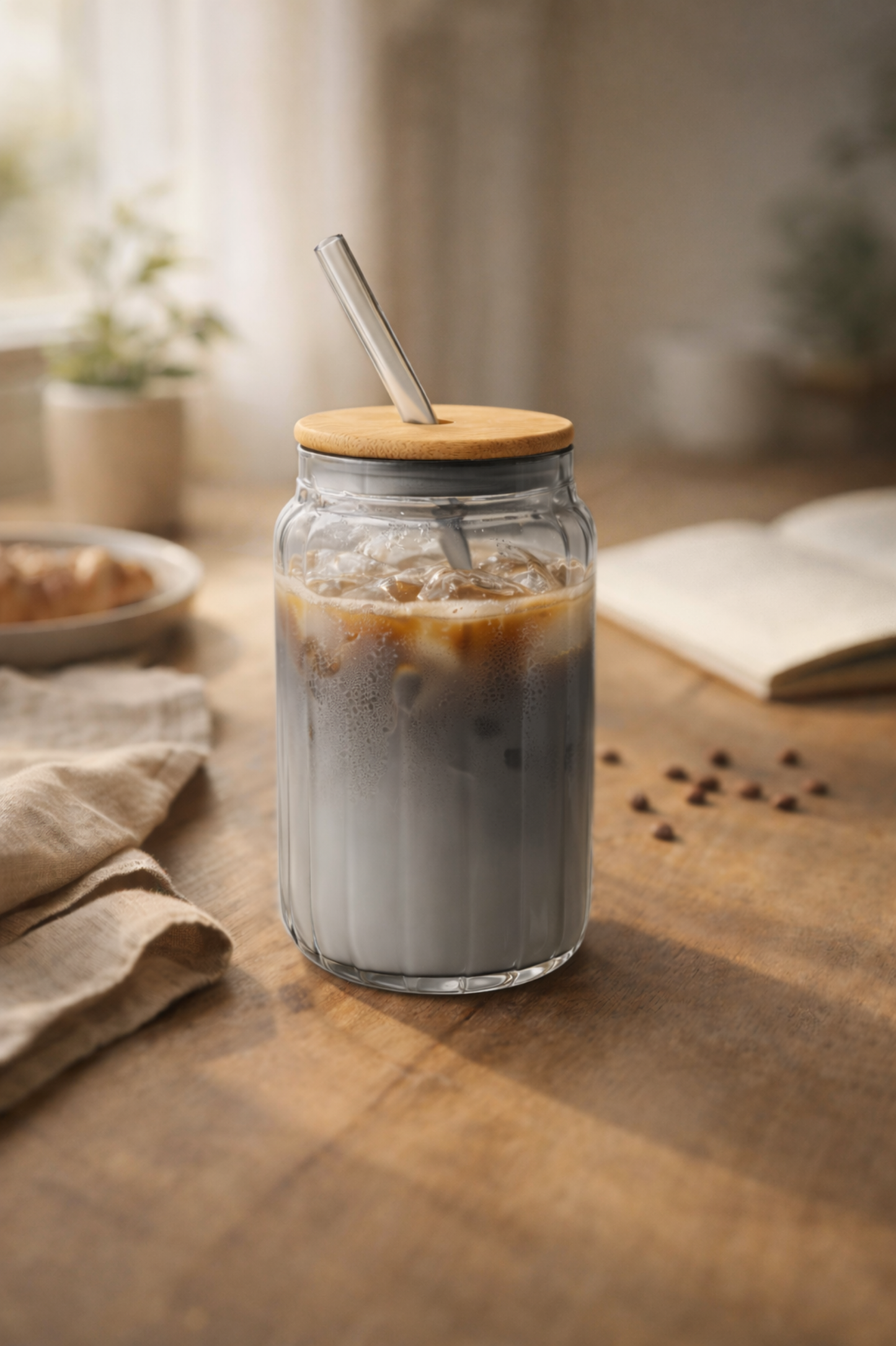 Aldo Glass Tumbler with Wooden Lid & Glass Straw Set of 2 (540ml)