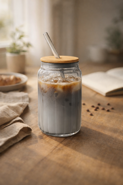 Aldo Glass Tumbler with Wooden Lid & Glass Straw Set of 2 (540ml)