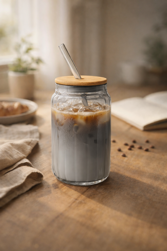 Aldo Glass Tumbler with Wooden Lid & Glass Straw Set of 2 (540ml)