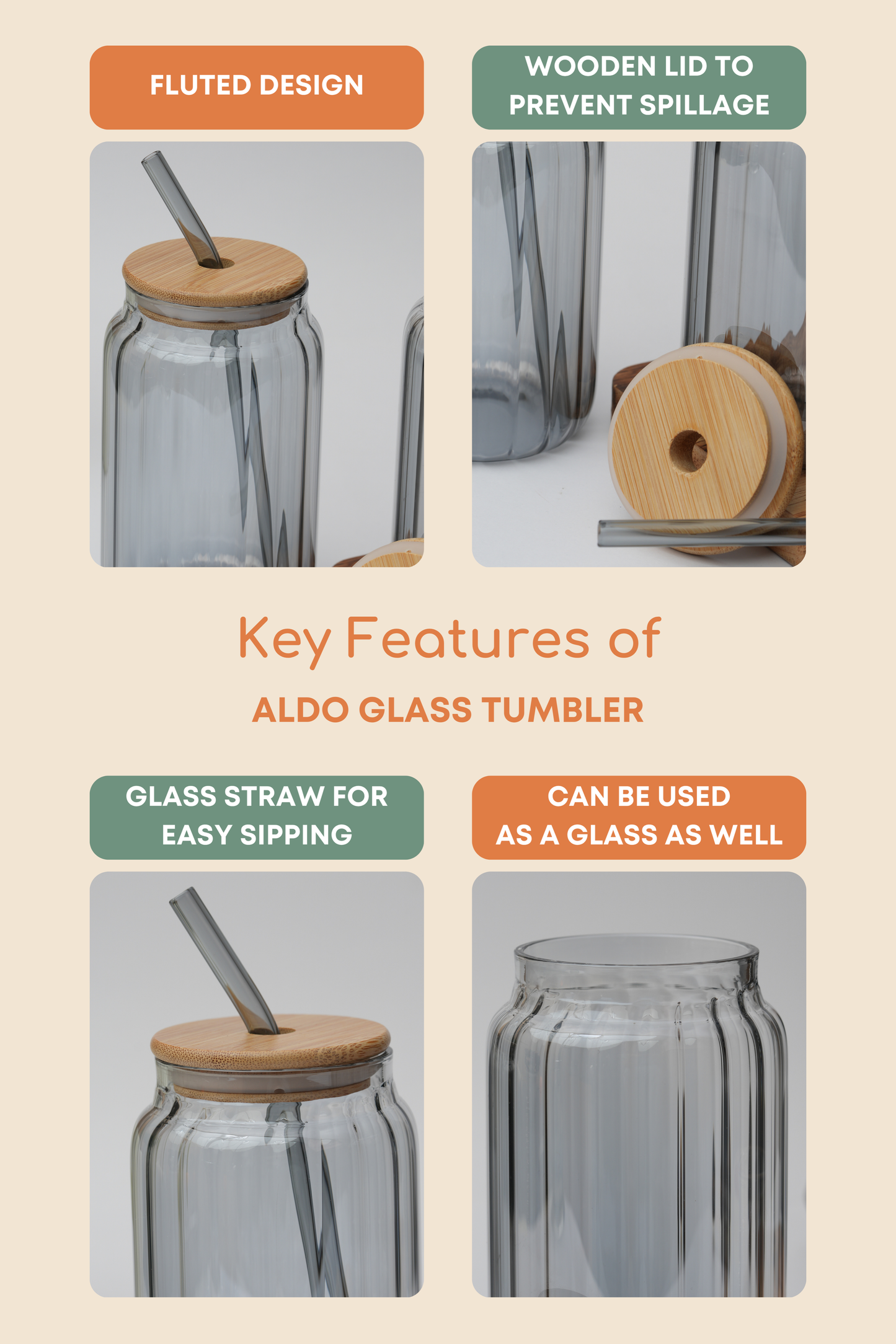 Aldo Glass Tumbler with Wooden Lid & Glass Straw Set of 2 (540ml)