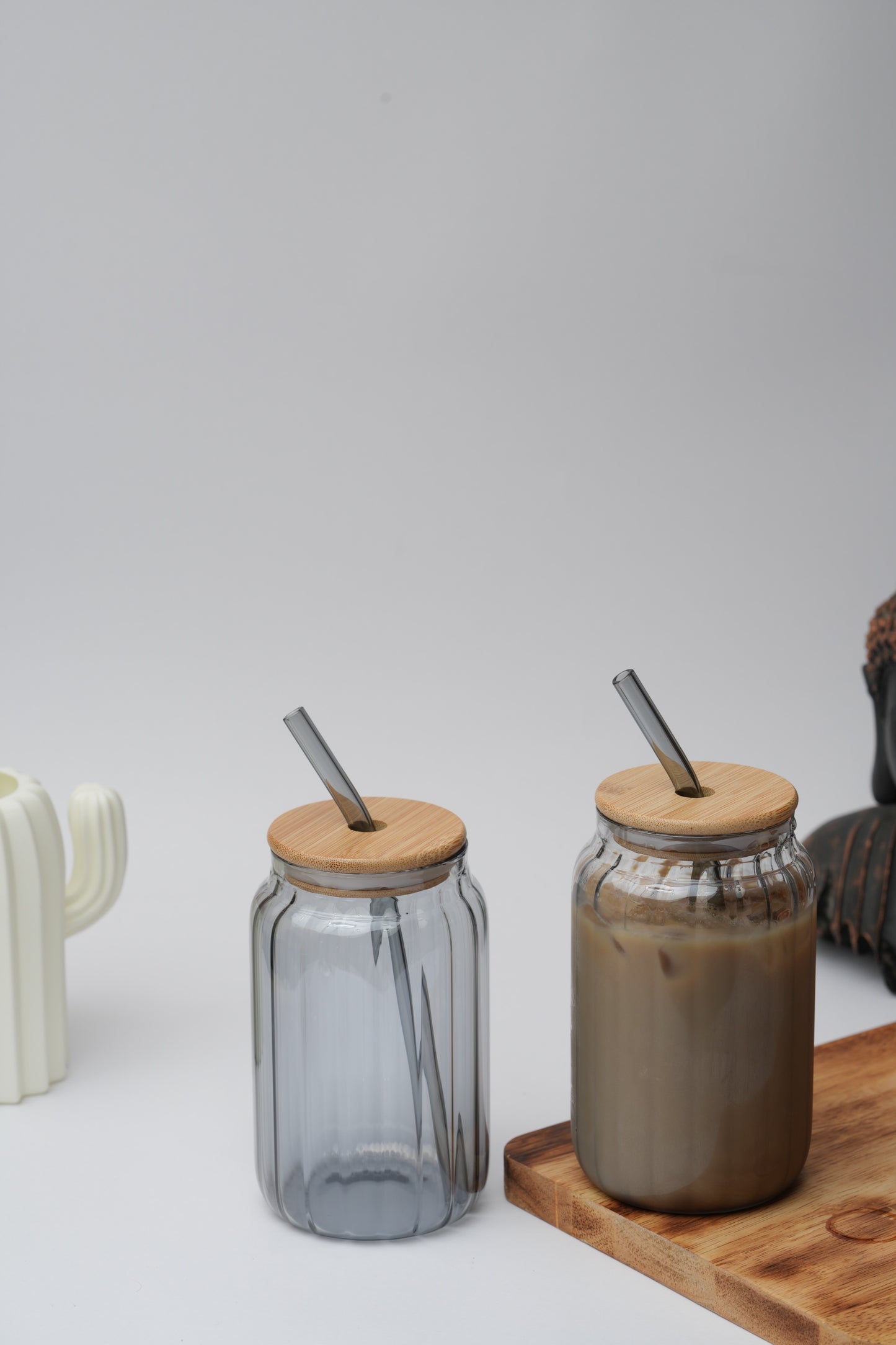 Aldo Glass Tumbler with Wooden Lid & Glass Straw Set of 2 (540ml)