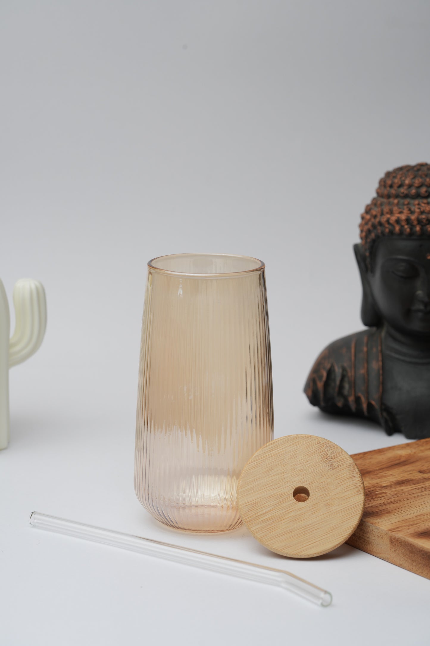 Amber Grove Glass Tumbler with Wooden Lid & Glass Straw Set of 2 (540ml)