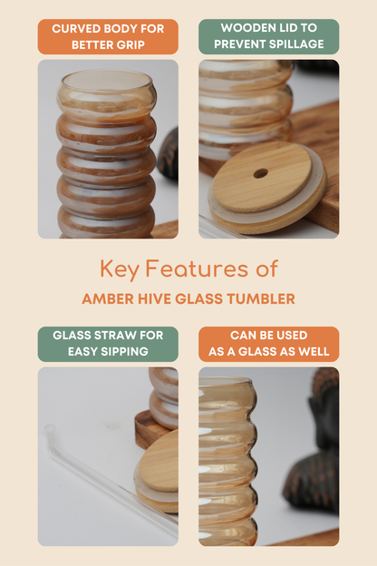 Amber Hive Glass Tumbler with Wooden Lid & Glass Straw Set of 2 (540ml)