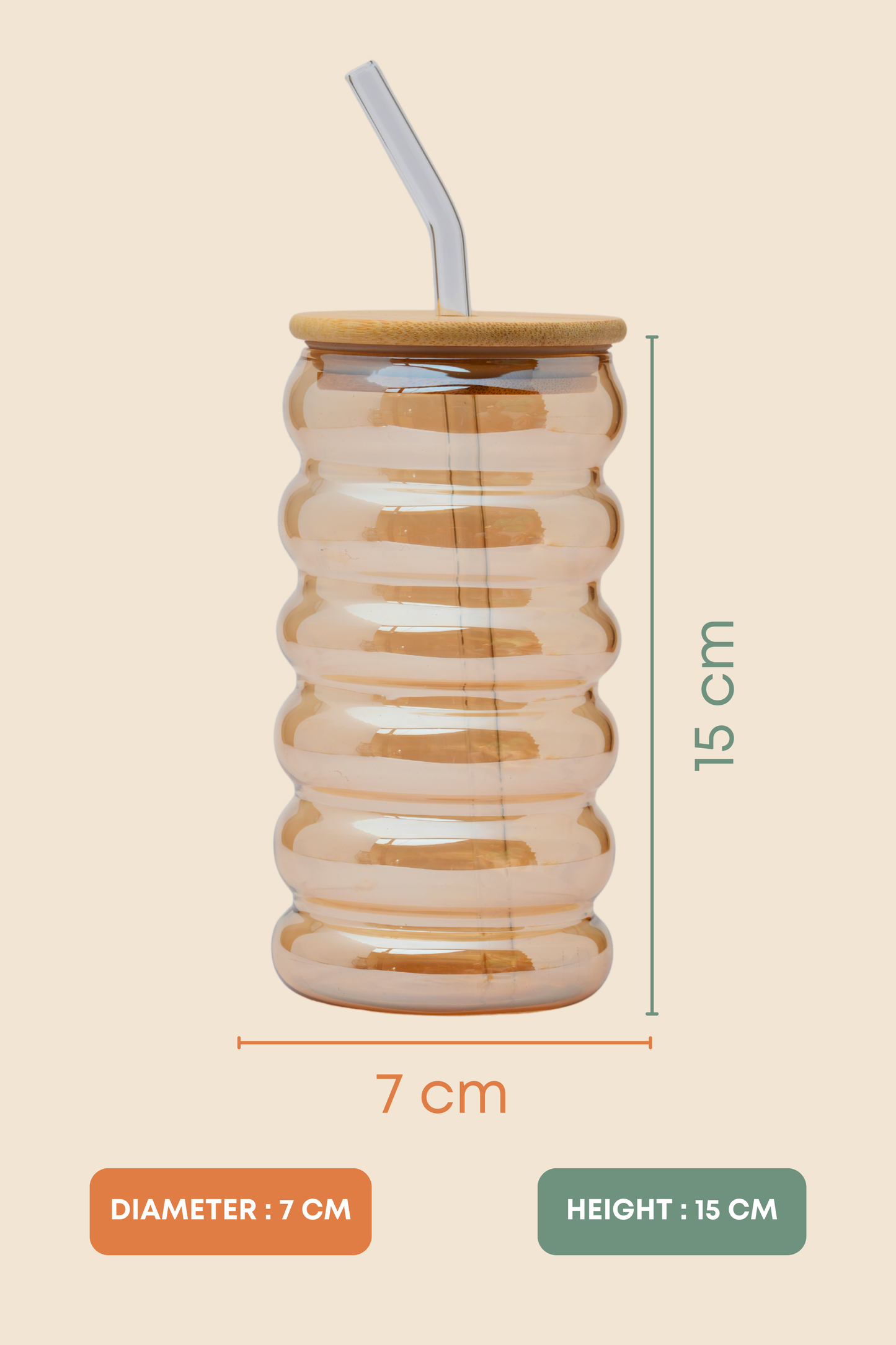 Amber Hive Glass Tumbler with Wooden Lid & Glass Straw Set of 2 (540ml)