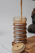 Amber Hive Glass Tumbler with Wooden Lid & Glass Straw Set of 2 (540ml)