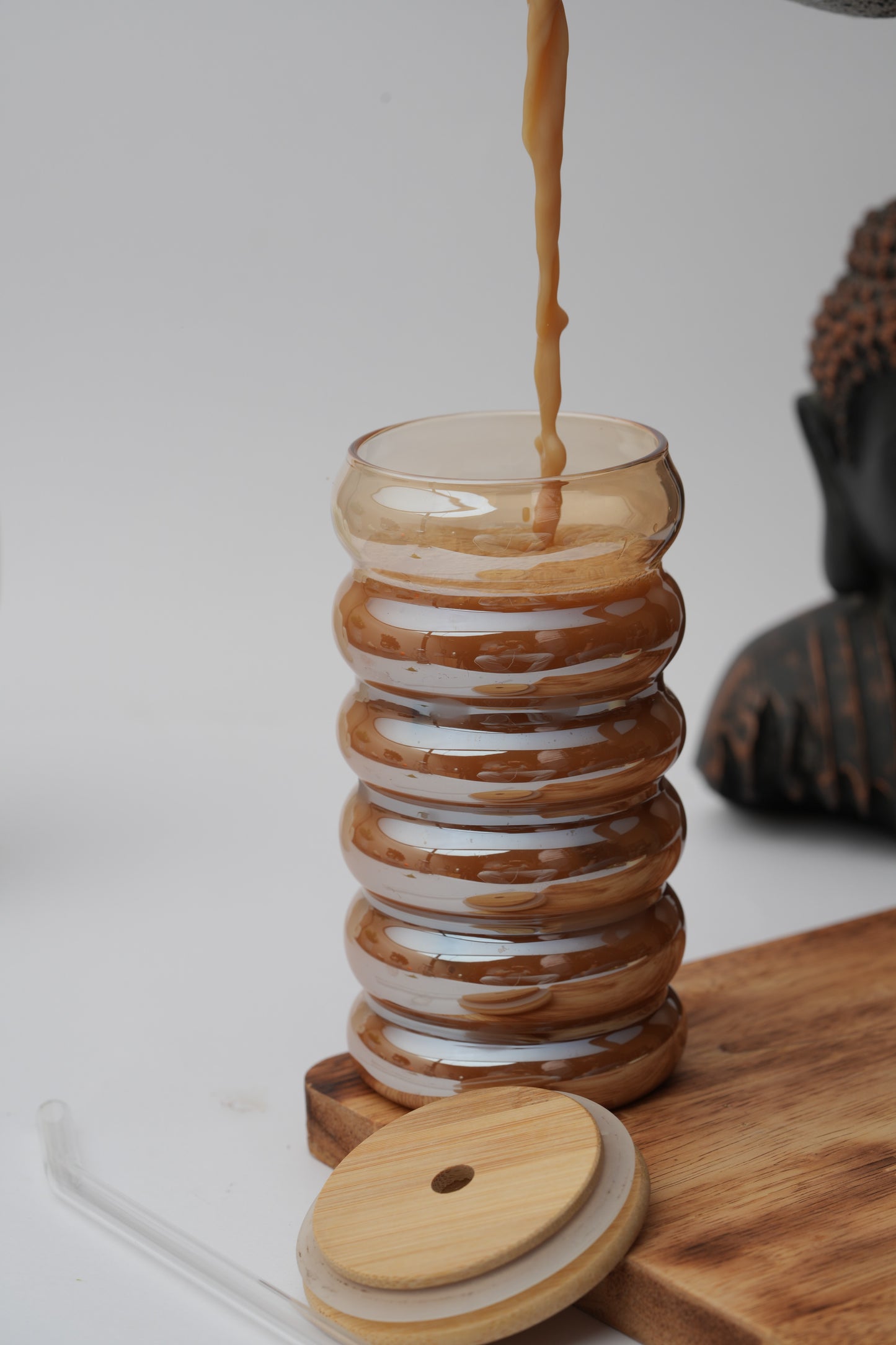 Amber Hive Glass Tumbler with Wooden Lid & Glass Straw Set of 2 (540ml)