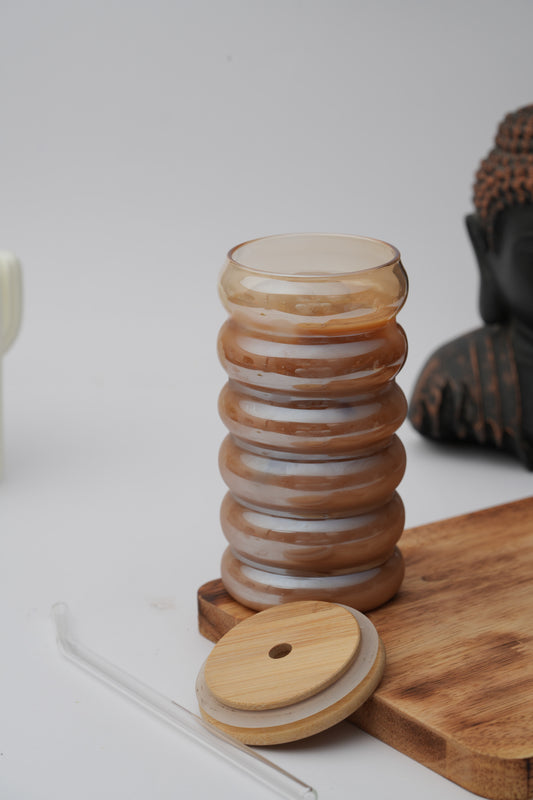 Amber Hive Glass Tumbler with Wooden Lid & Glass Straw Set of 2 (540ml)
