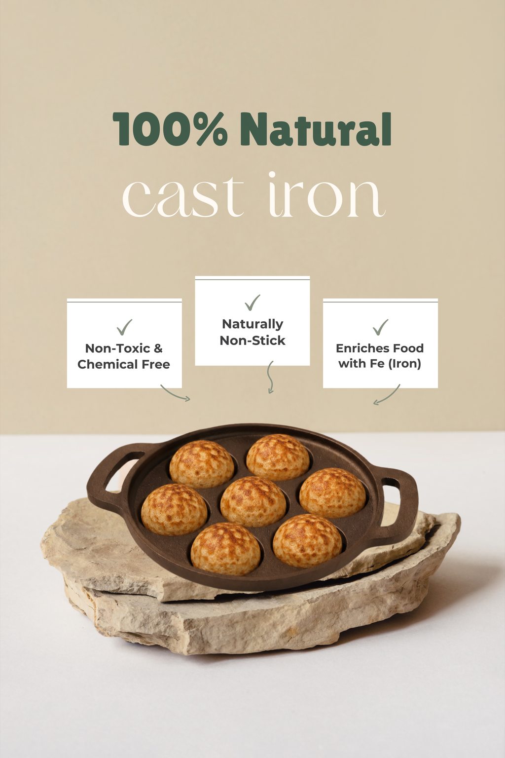 Cast Iron 7 Pit/Cup Kuzhi Paniyaram/Paddu Pan/Appe Maker 19cm, Pre-seasoned, 100% Pure, Toxin-free, Gas & Induction