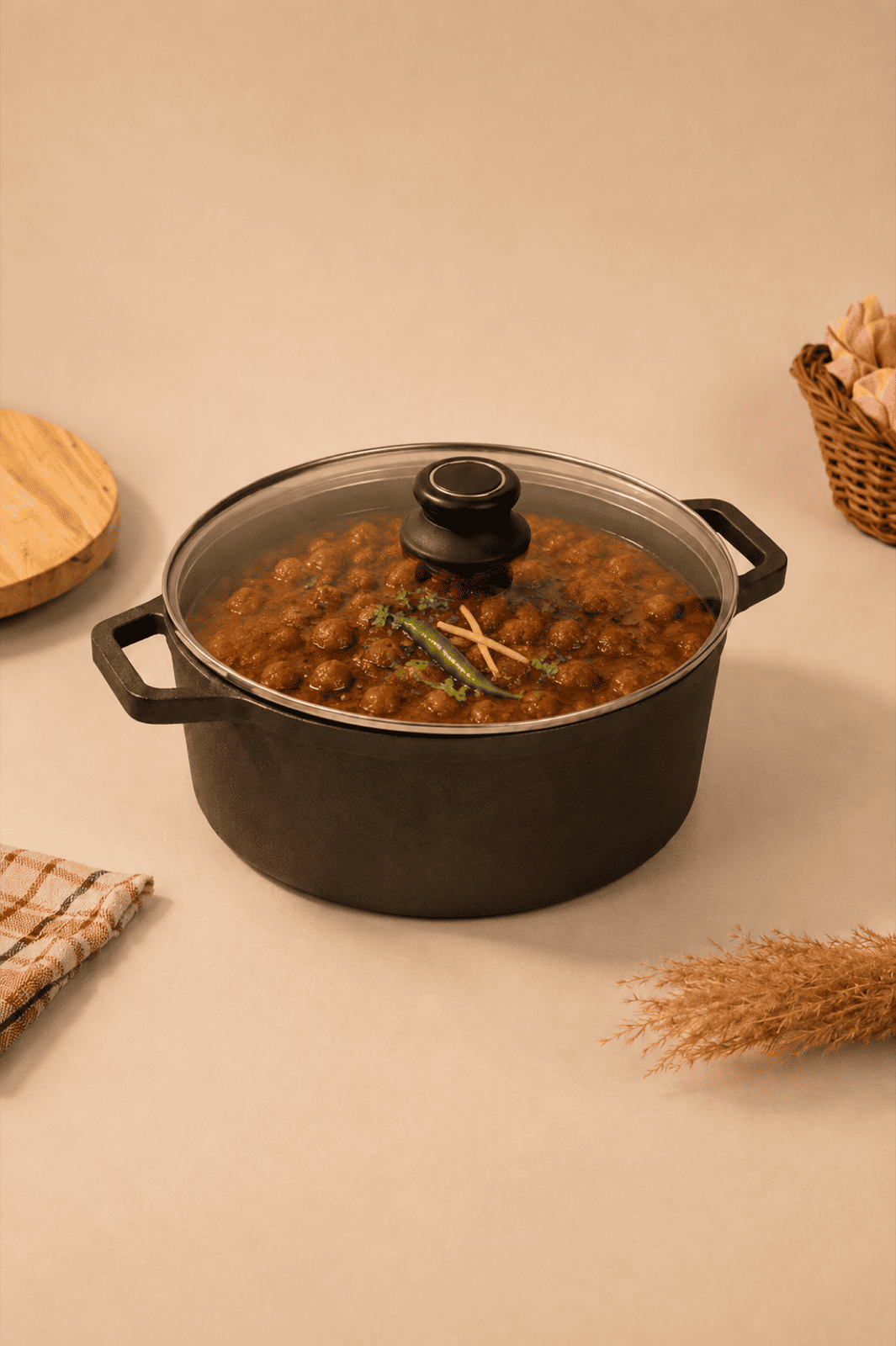 Cast Iron Dutch Oven / Casserole 10 inch / 25.4cm with Glass Lid 4L,Pre-seasoned, 100% Pure, Toxin-free, Induction with Silicone Sleeves
