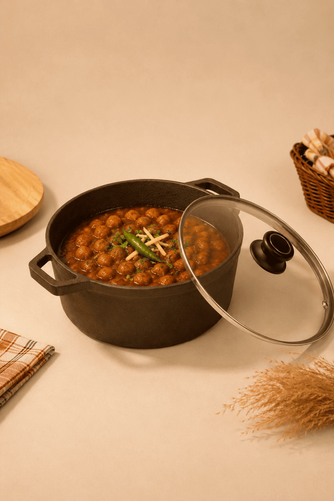 Cast Iron Dutch Oven / Casserole 10 inch / 25.4cm with Glass Lid 4L,Pre-seasoned, 100% Pure, Toxin-free, Induction with Silicone Sleeves
