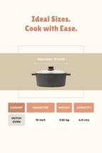 Cast Iron Dutch Oven / Casserole 10 inch / 25.4cm with Glass Lid 4L,Pre-seasoned, 100% Pure, Toxin-free, Induction with Silicone Sleeves