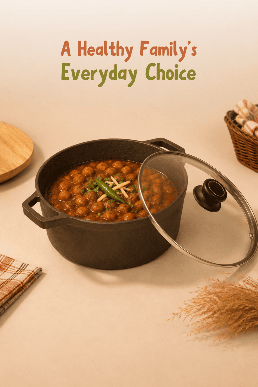 Cast Iron Dutch Oven / Casserole 10 inch / 25.4cm with Glass Lid 4L,Pre-seasoned, 100% Pure, Toxin-free, Induction with Silicone Sleeves