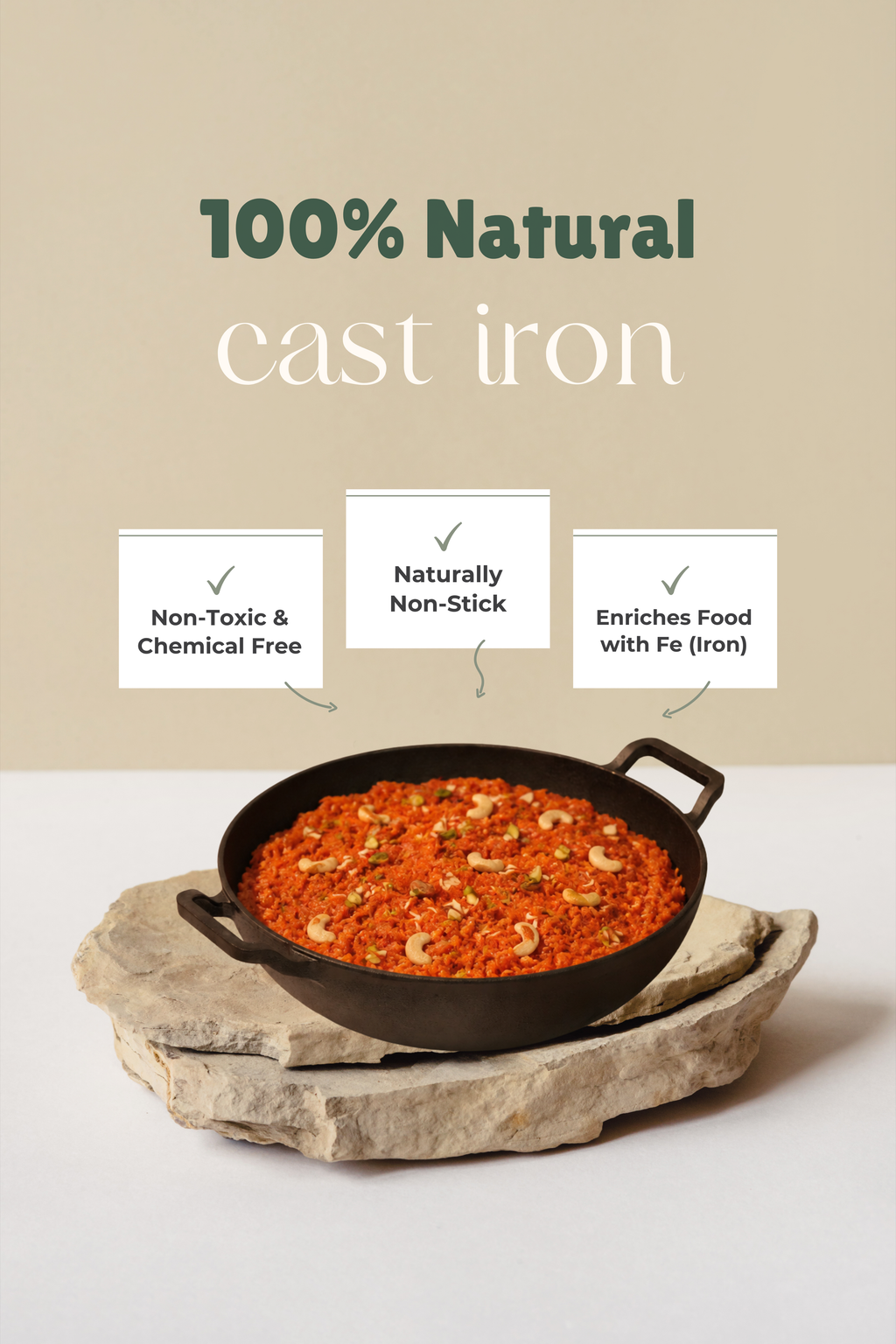 Cast Iron Flat Bottom Kadai 30.48cm / 12 inch (3 ltrs), Pre-seasoned, Naturally Nonstick, 100% Pure, Toxin-free, Gas & Induction