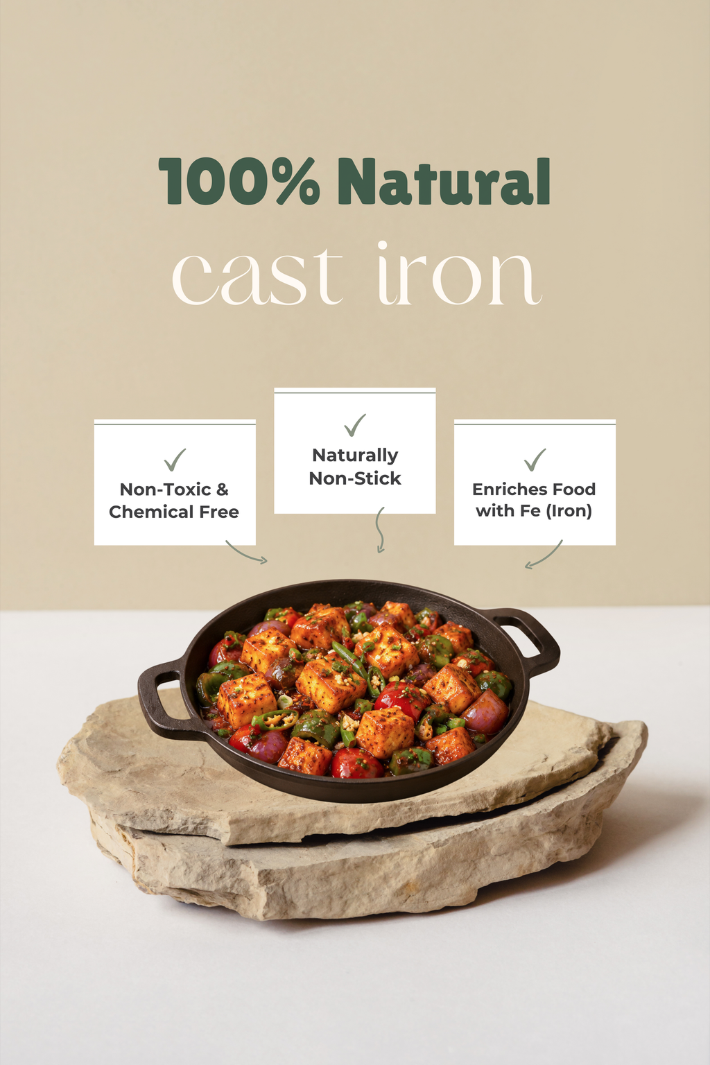Cast Iron Double Handle Fry Pan/Skillet 25.5cm / 10 inch, Pre-seasoned, Naturally Nonstick, 100% Pure, Toxin-free, Gas & Induction