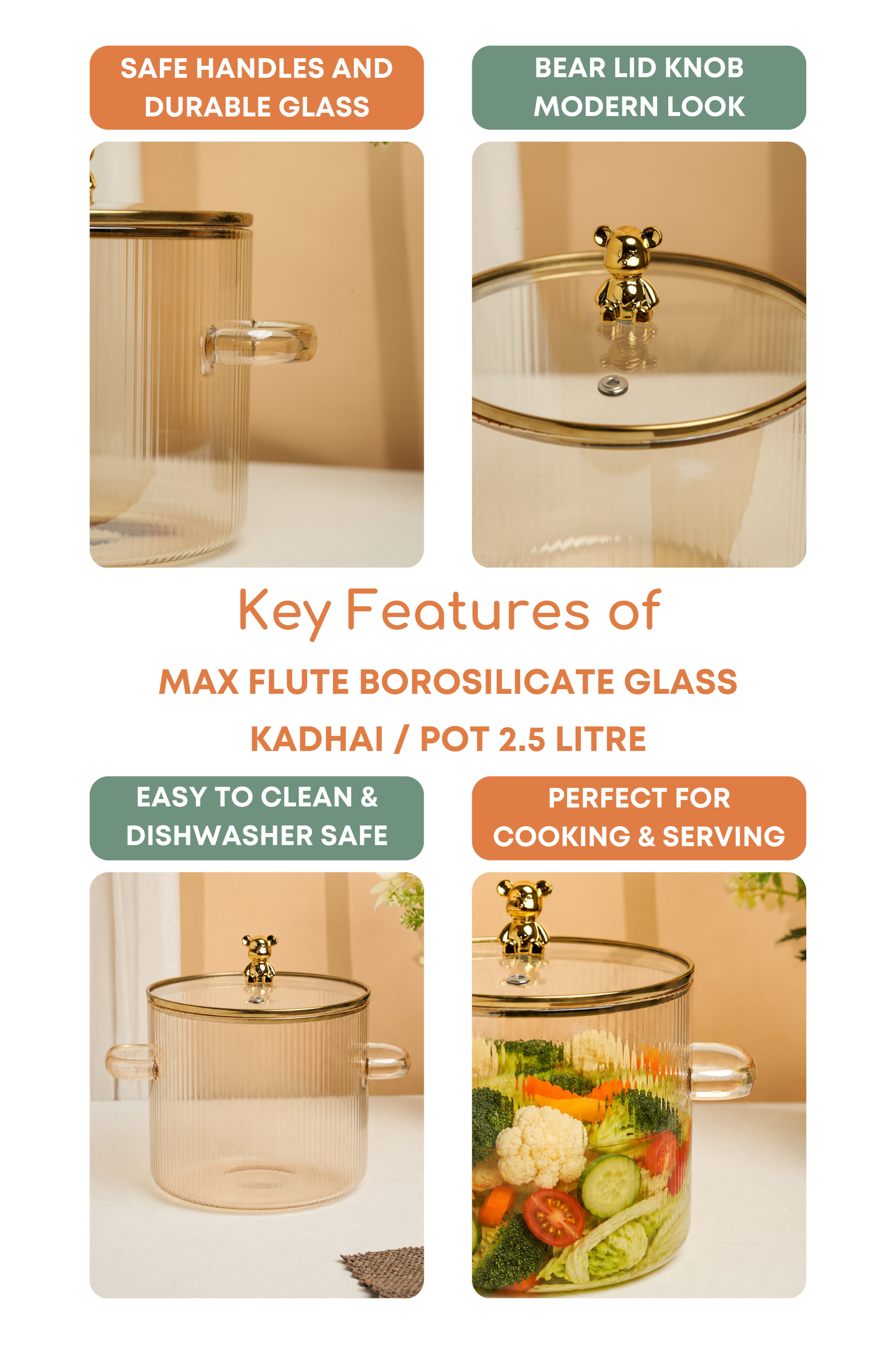 Max Flute Borosilicate Glass Kadhai / Pot 2.5 Litre