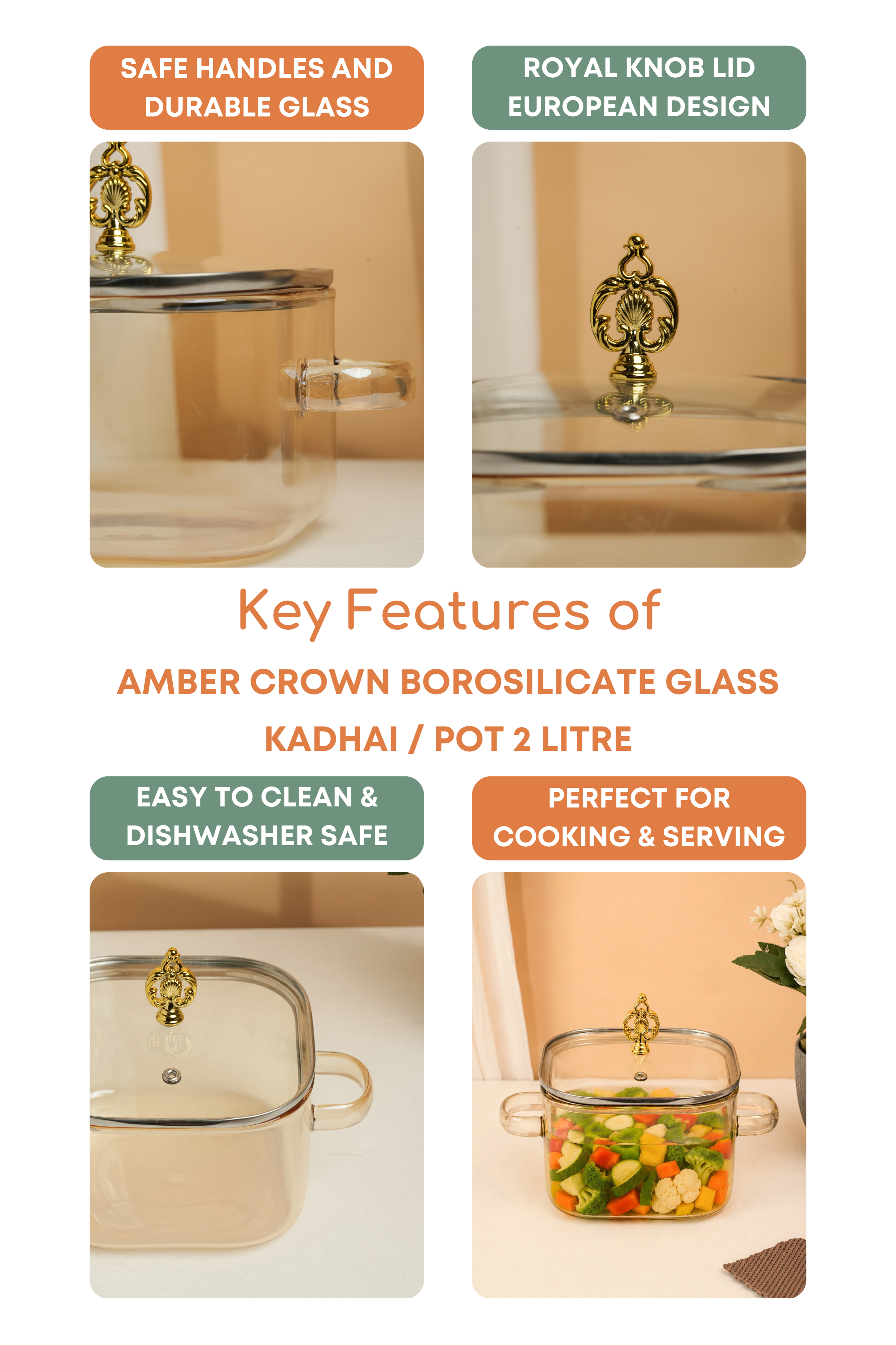 Amber Crown Borosilicate Glass Kadhai / Pot 2 Litre