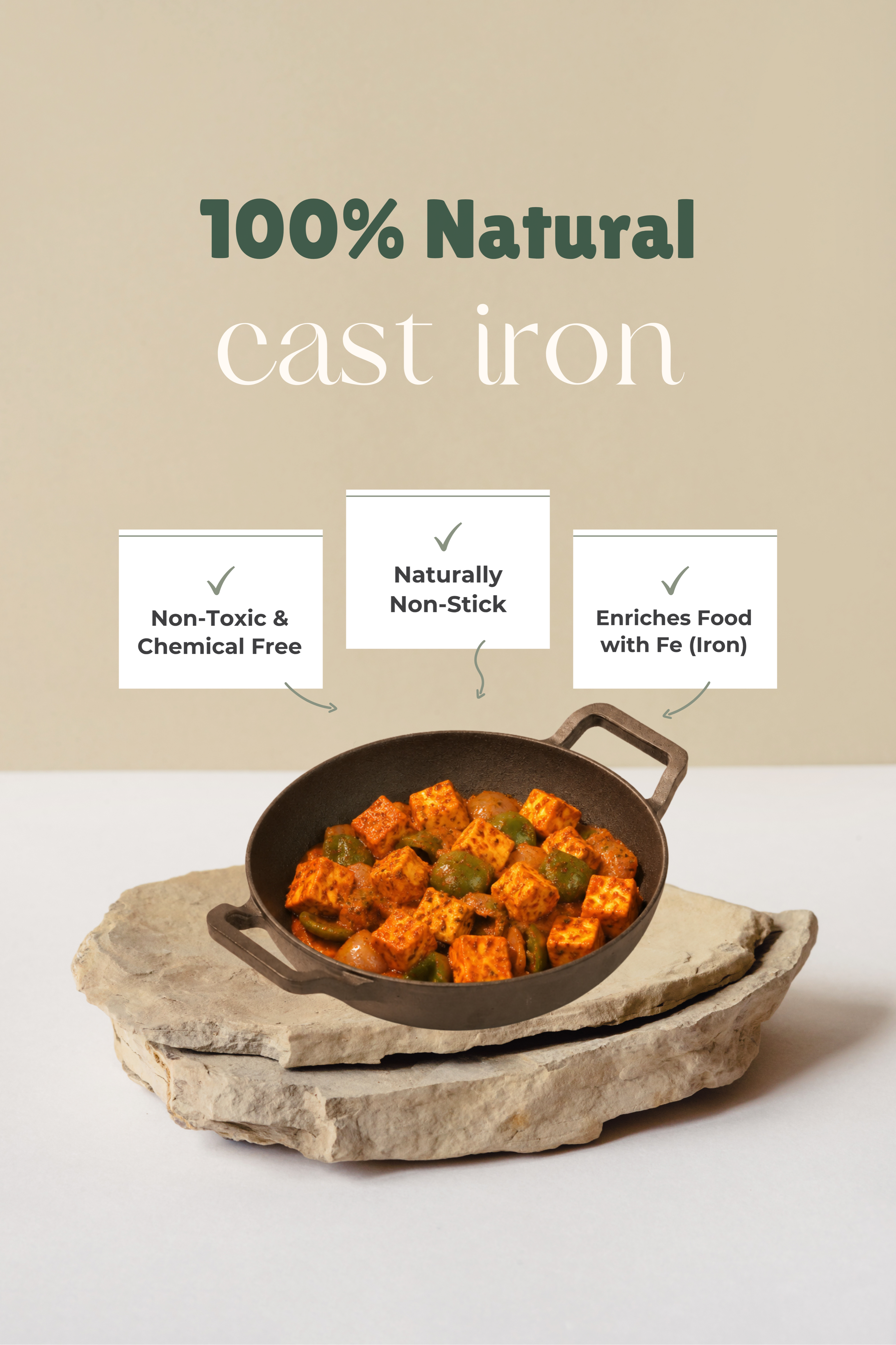 Cast Iron Flat Bottom Kadai 25.5cm / 10 inch (2.2 ltrs), Pre-seasoned, Naturally Nonstick, 100% Pure, Toxin-free, Gas & Induction